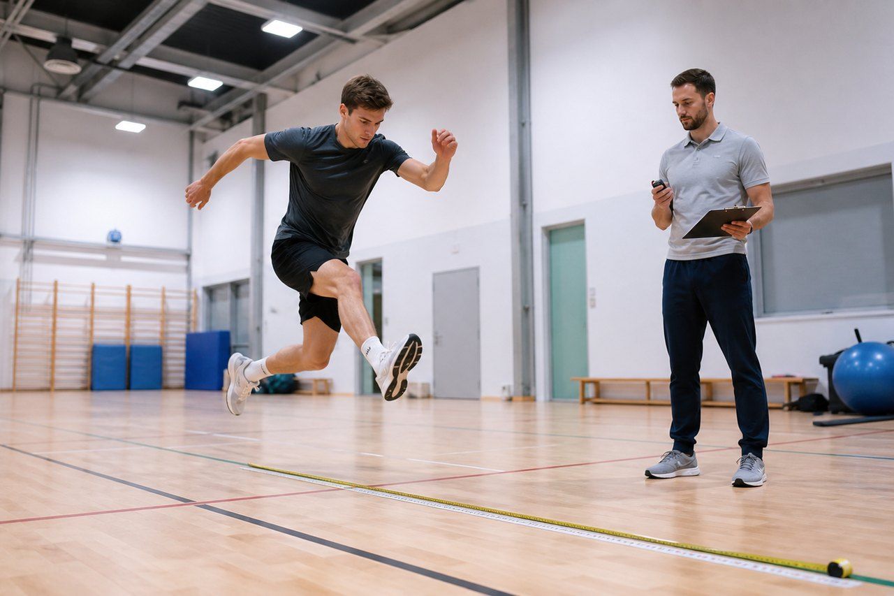 Einbeiniger Sprungtest unter Aufsicht eines Sporttherapeuten